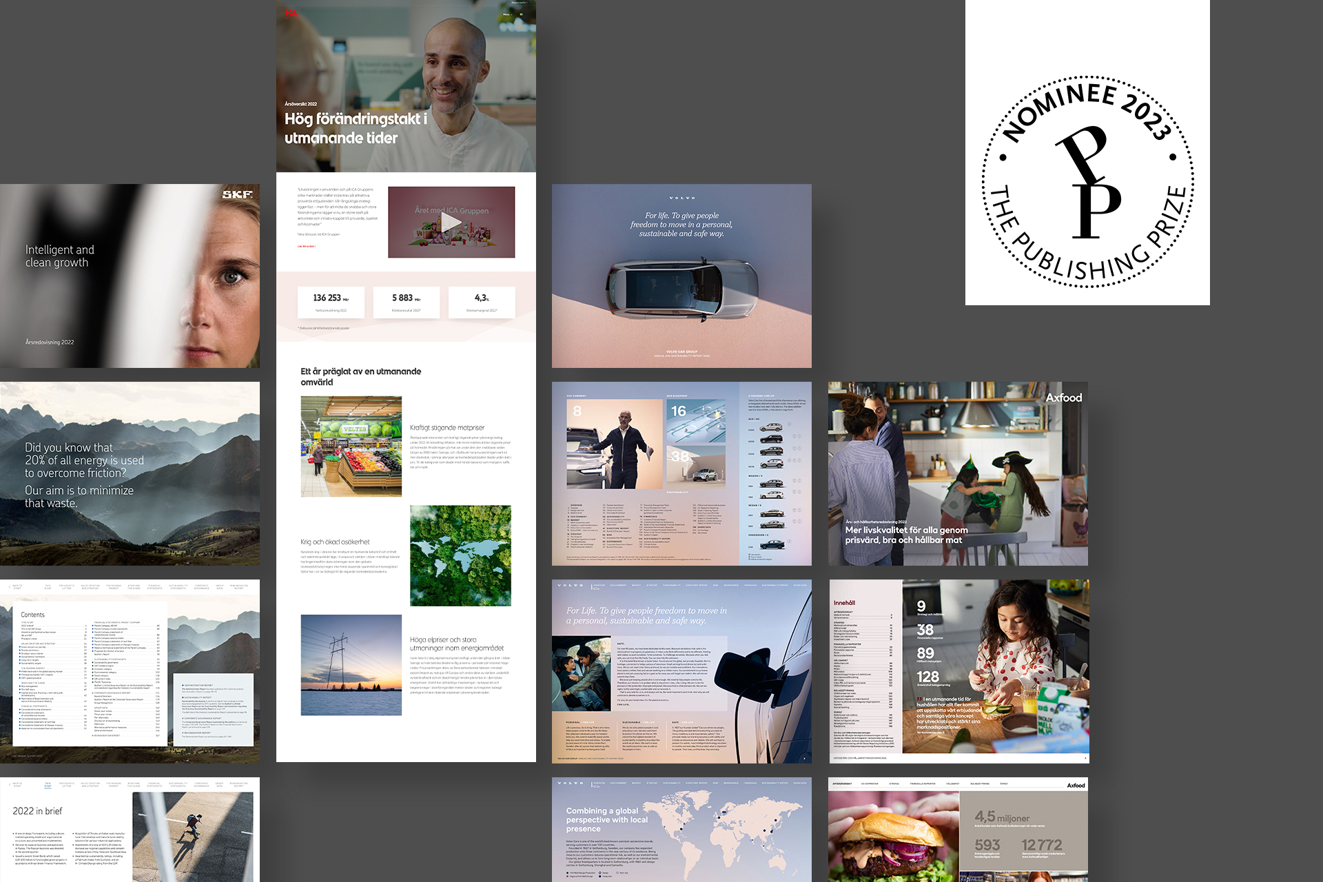 Collage med kundcase som är nominerade till Publishingpriset 2023